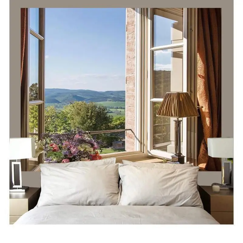 VIKAMA Fake Window Mountain Sea Tapestry Natural Landscape Wall Hanging Bedroom Dorm Home Decor
