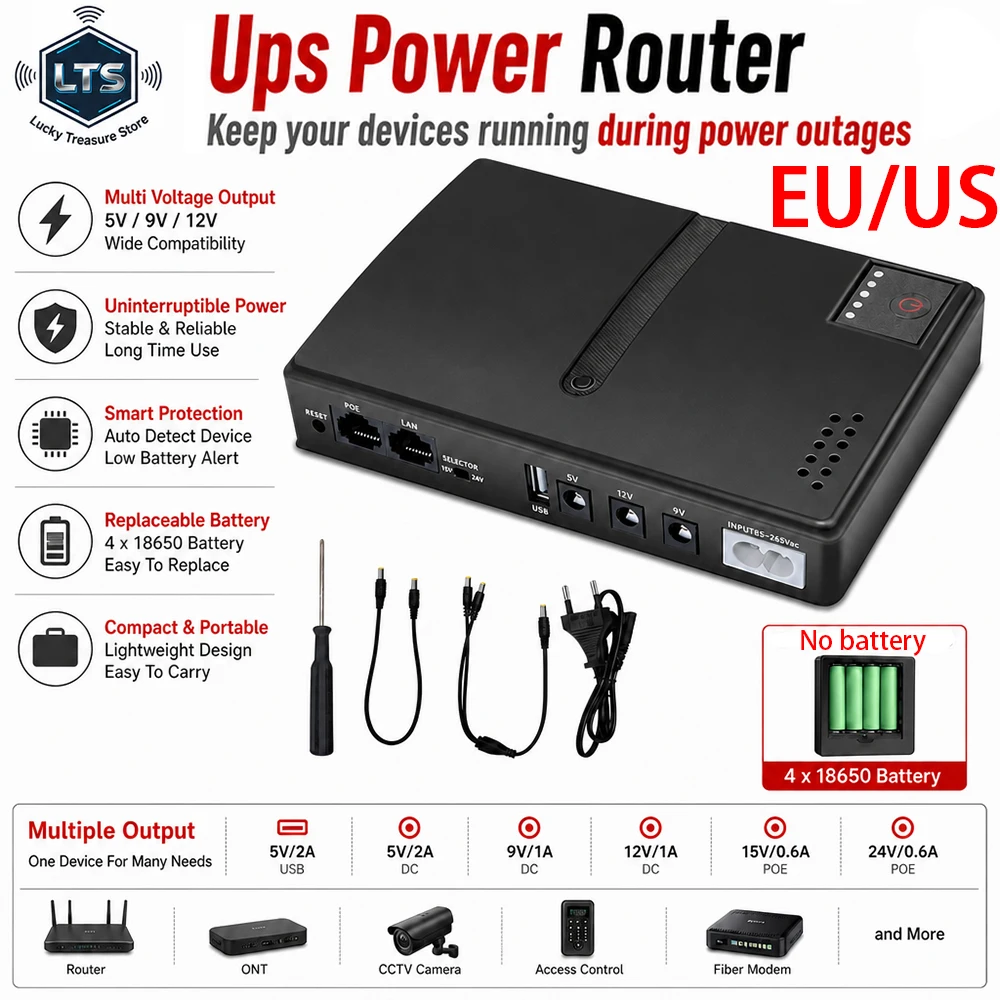 AC85-265V DC 1018L Router 5V9V12V Optical Cat Monitor Backup Uninterruptible DC Power Supply Charger Cell Phone UPS No Battery