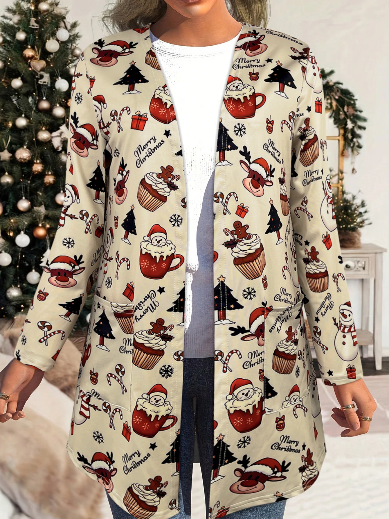 Women's Long - Sleeve Open - Front Christmas Cardigan, Adorable Festive Prints of Santa, Reindeer & Christmas Treats, Ideal for