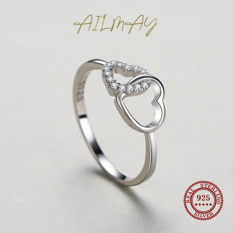 Ailmay Simple 925 Sterling Silver Sweet Heart to Heart Ring For Women Fine Wedding Fashion Jewelry