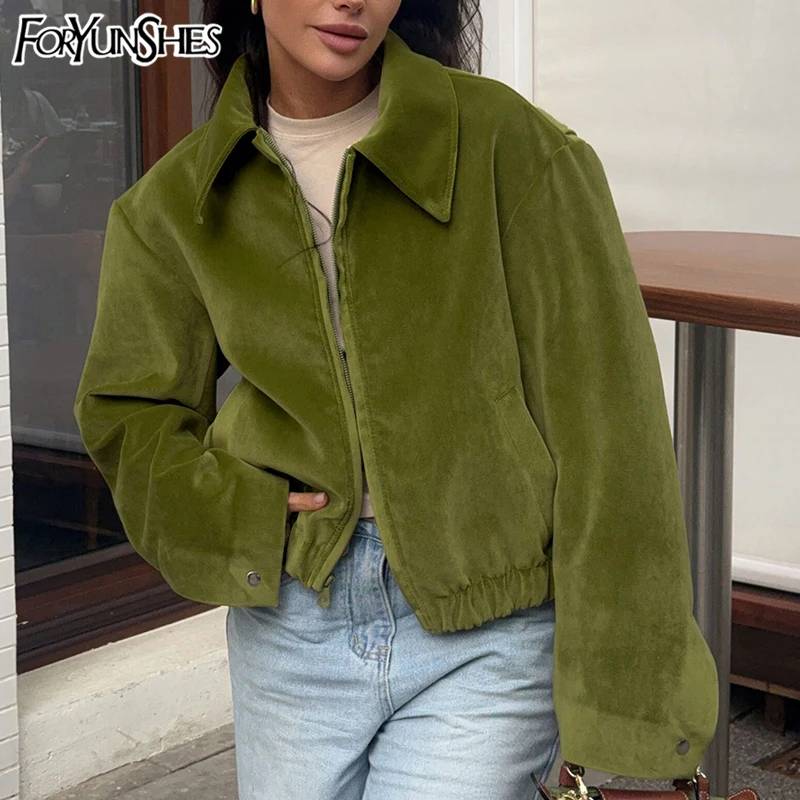 

2025 Fall Winter Women Varsity Casual Bomber Jackets Elegant Long Sleeve Green Cropped Coat Korean Fashion Y2K Clothes