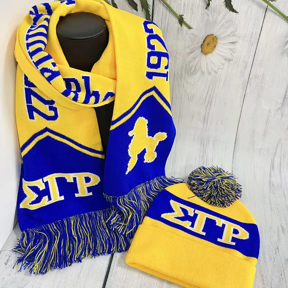 طقم وشاح وقبعة منسوج باللونين الأصفر والأزرق للشتاء من SGR