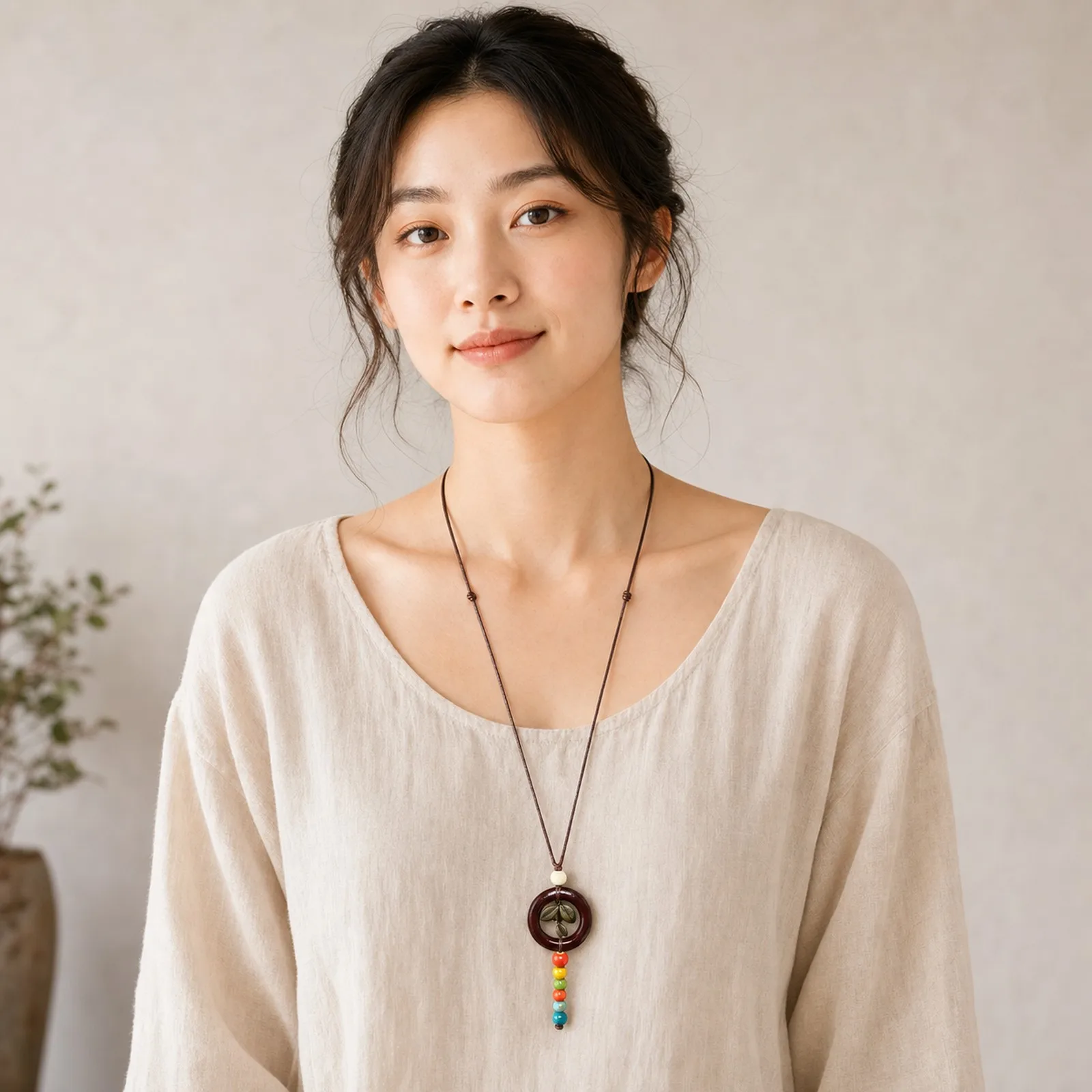 Handmade Ceramic Bead Wood Ring Necklace Adjustable Waxed Cord Braided Pendant Jewelry Colorful Beads Artisan Style Y260713-03