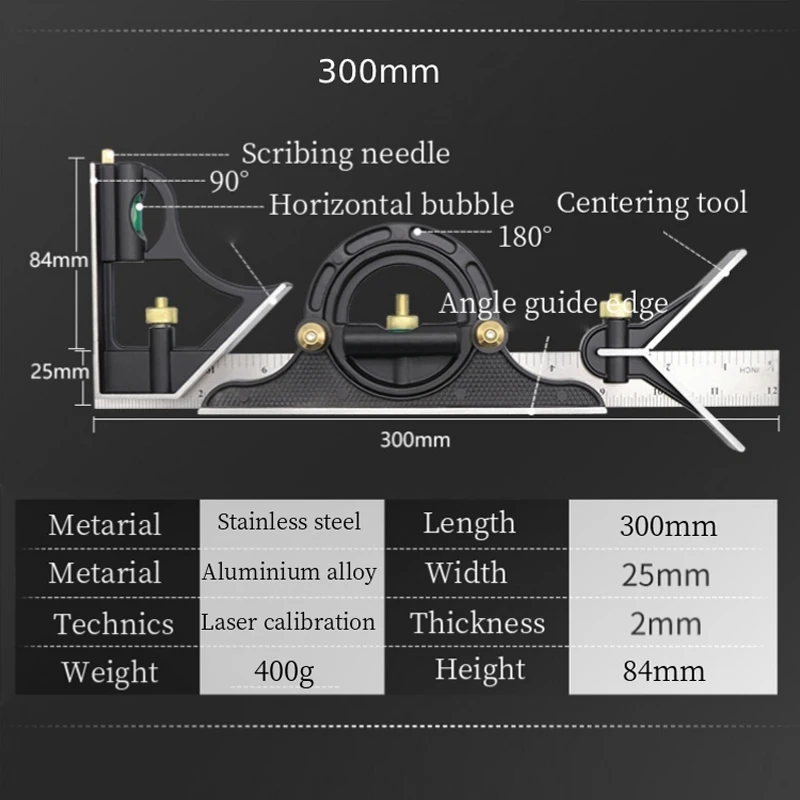 Adjustable Ruler 3 In1 Multi Combination 300mm Square Angle Ruler Measuring Set Universal Ruler Right Angle Protractor Tools Set