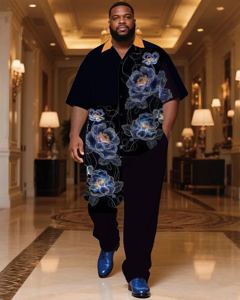 

S-9XL Men's Large Size Floral Short Sleeve Shirt and Long Pants Two-Piece Set