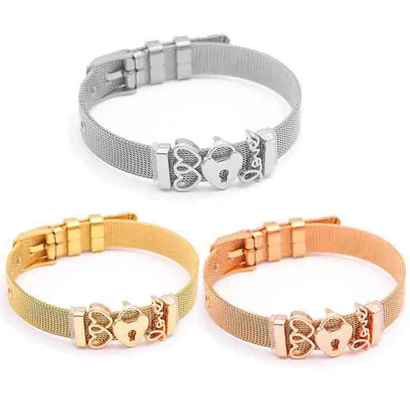 European Style Stainless Steel Mesh Charm Bracelets With Love Heart Key Slide Beads DIY Brand Keeper Bracelets for