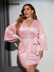 Bioscopen 2023 Damesjurk Plus Size Sexy Jurk Lange Mouwen V-Hals Rits Riem Wikkel Slanke Lovertjes Mini Jurken Dames Kleding