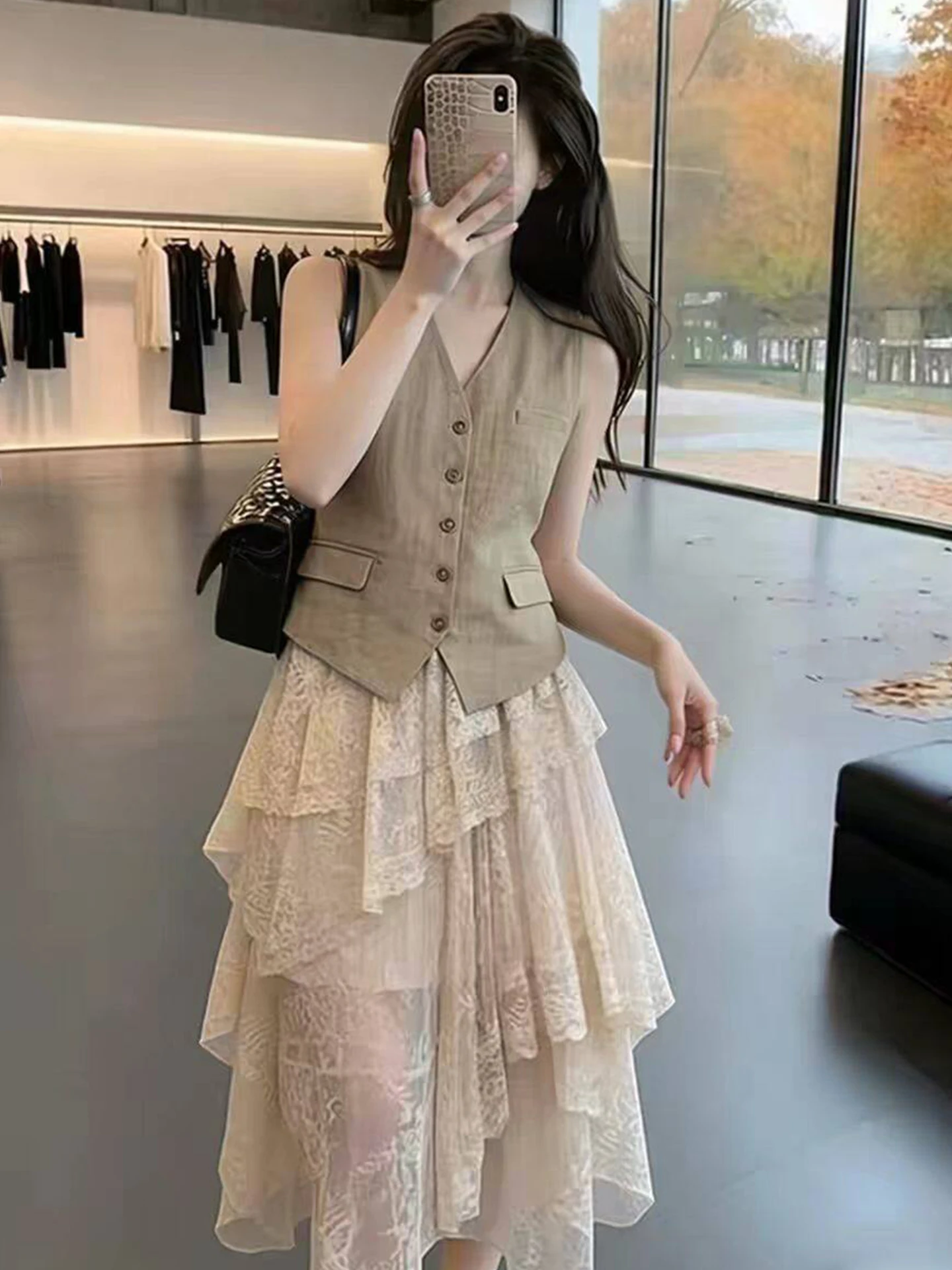 Conjunto elegante de chaleco y falda de encaje para mujer, en color caqui, estilo veraniego, traje de dos piezas, estilo para ir al trabajo, fibra de poliéster, transpirable...