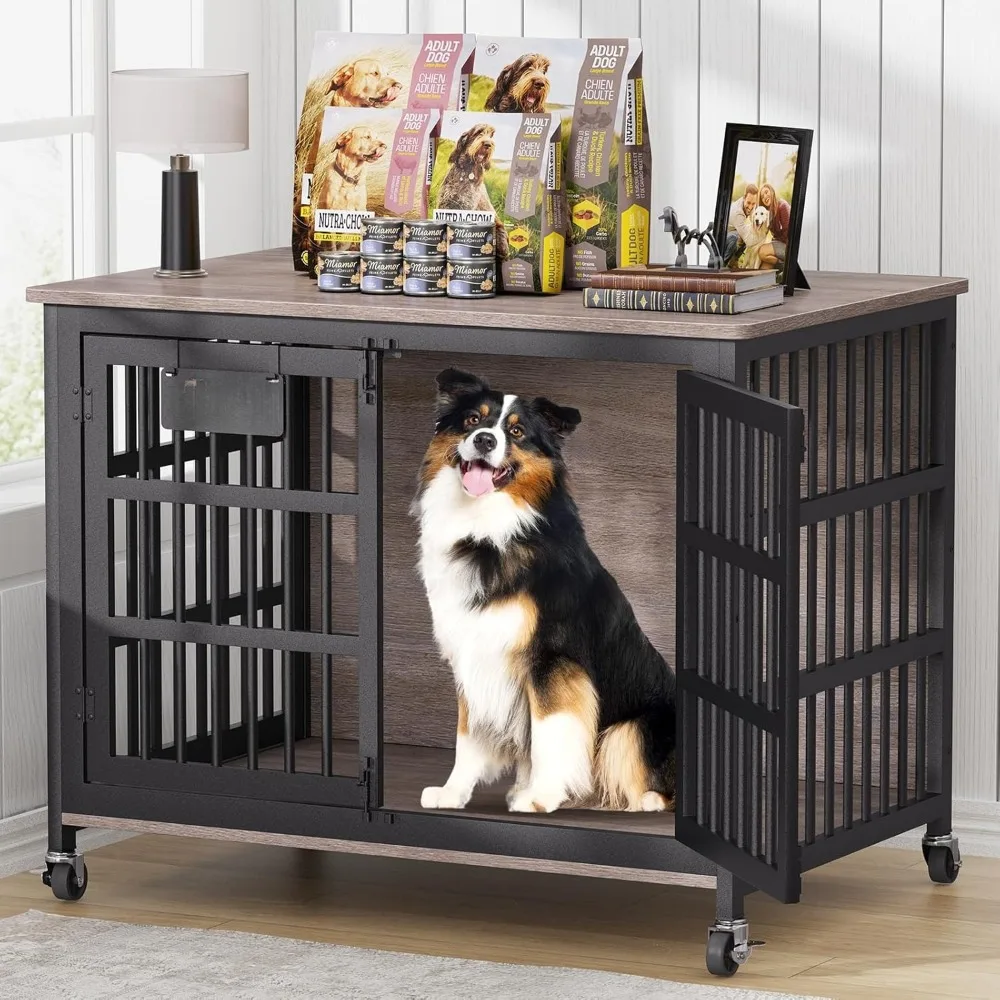 

XL Dog Crate Furniture with Name Tag, Heavy Duty Dog Kennel Indoor for Large and Medium Dogs, Double-Doors Sturdy Dog