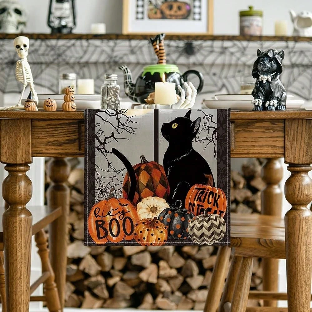 1pc Halloween Table Runner Linen Black Cat Pumpkin Print Multi‑Size Table Decor for Dining Table Kitchen Living Room Holiday