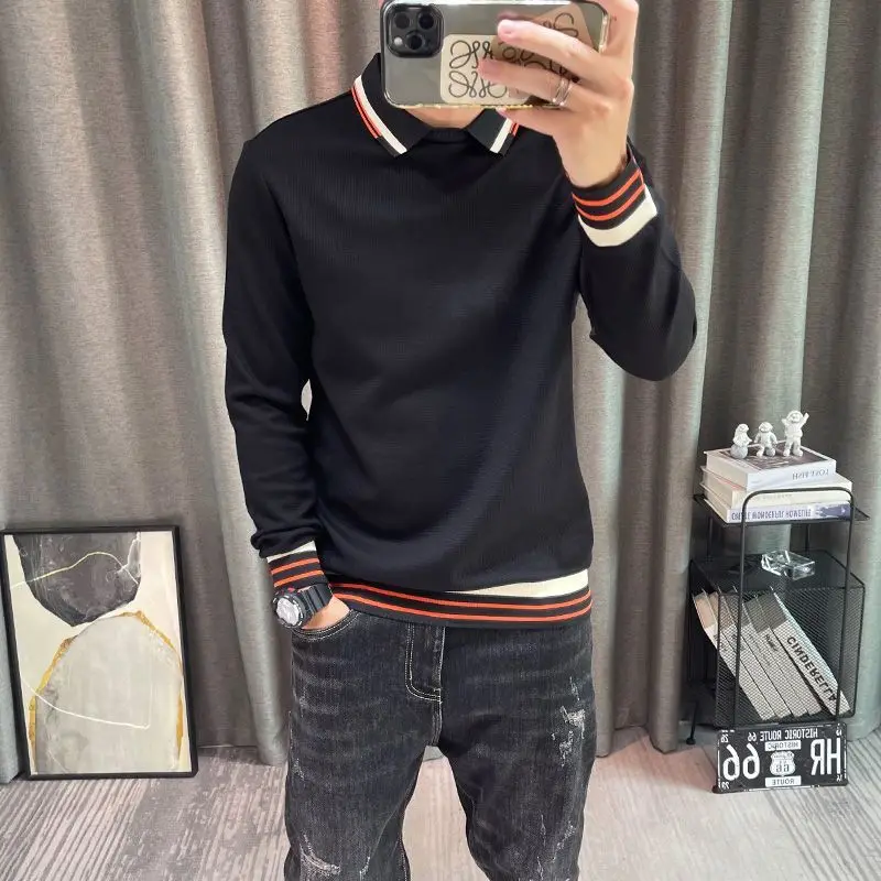 Black Stripe Pullover Business Tight Mens Polo Shirts Formal Slim Fit Male Sweatshirts Korean Autumn Luxury Elasticity Polyester