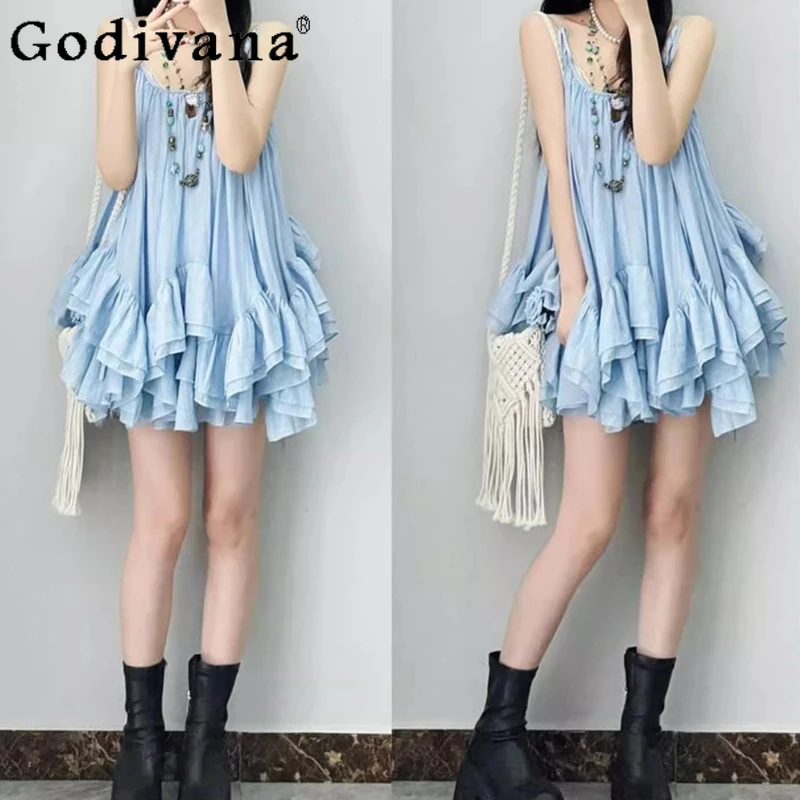 

Elegant French Retro Blue Loose Cute O-neck Suspender Top Girl 2025 Summer New Seaside Super Fairy Versatile Skirt Two-piece Set