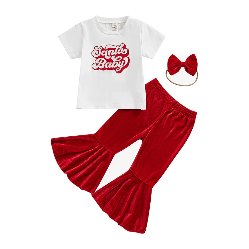 Christmas Toddler Girls Clothes Set Letter Print Short Sleeve Tops and Velvet Flare Pants with Headbands Outfit for Kids