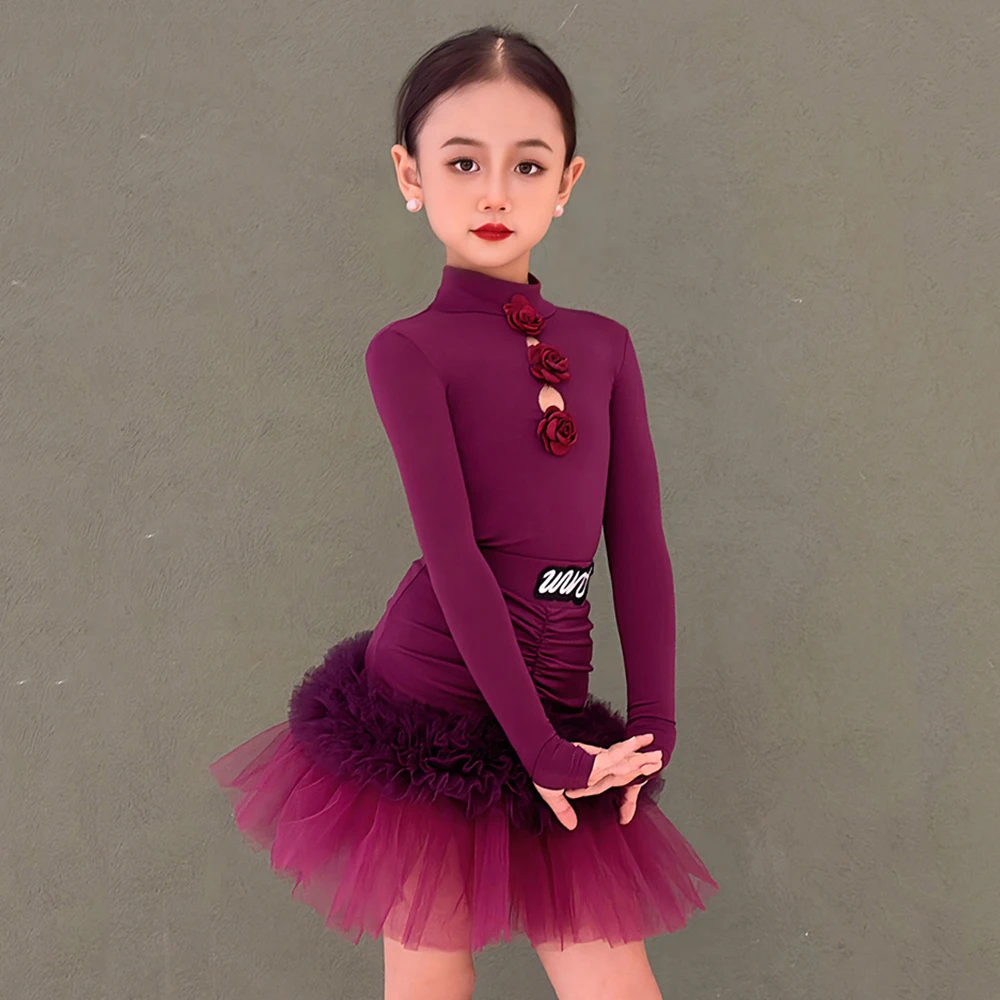 Kids Girls Latin Dance Long Sleeve Bodysuit Fold Ruffles Skirt Children Ballroom Rumba Dancewear Training Performance Costumes