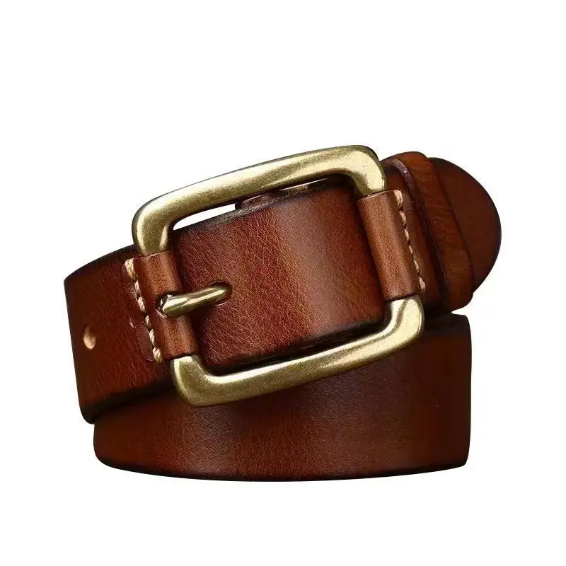 

Men Wide Cowhide Belt Hand Sewing Light Coffee Simple Style Korean Fashion Top Layer Vintage Copper Buckle Old Tooling Jeans Art