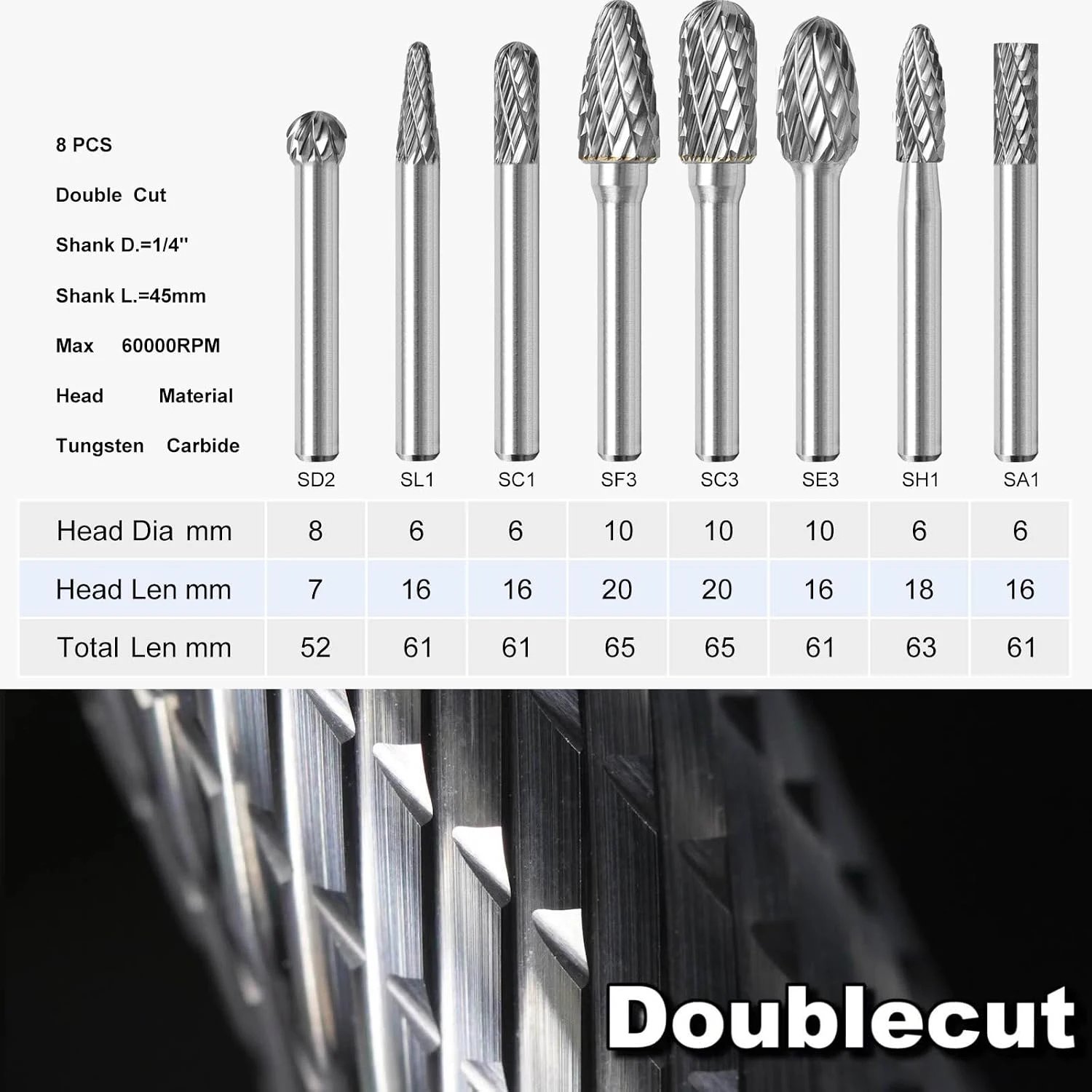 8 Stück/Set Durchmesser. 6/8/10/12 mm 1/4 Zoll (6 mm) Schaft Wolframkarbid-Frässtifte Bit Double Cut CNC-Gravur für Metall, Stahl, Aluminium – Detail 2
