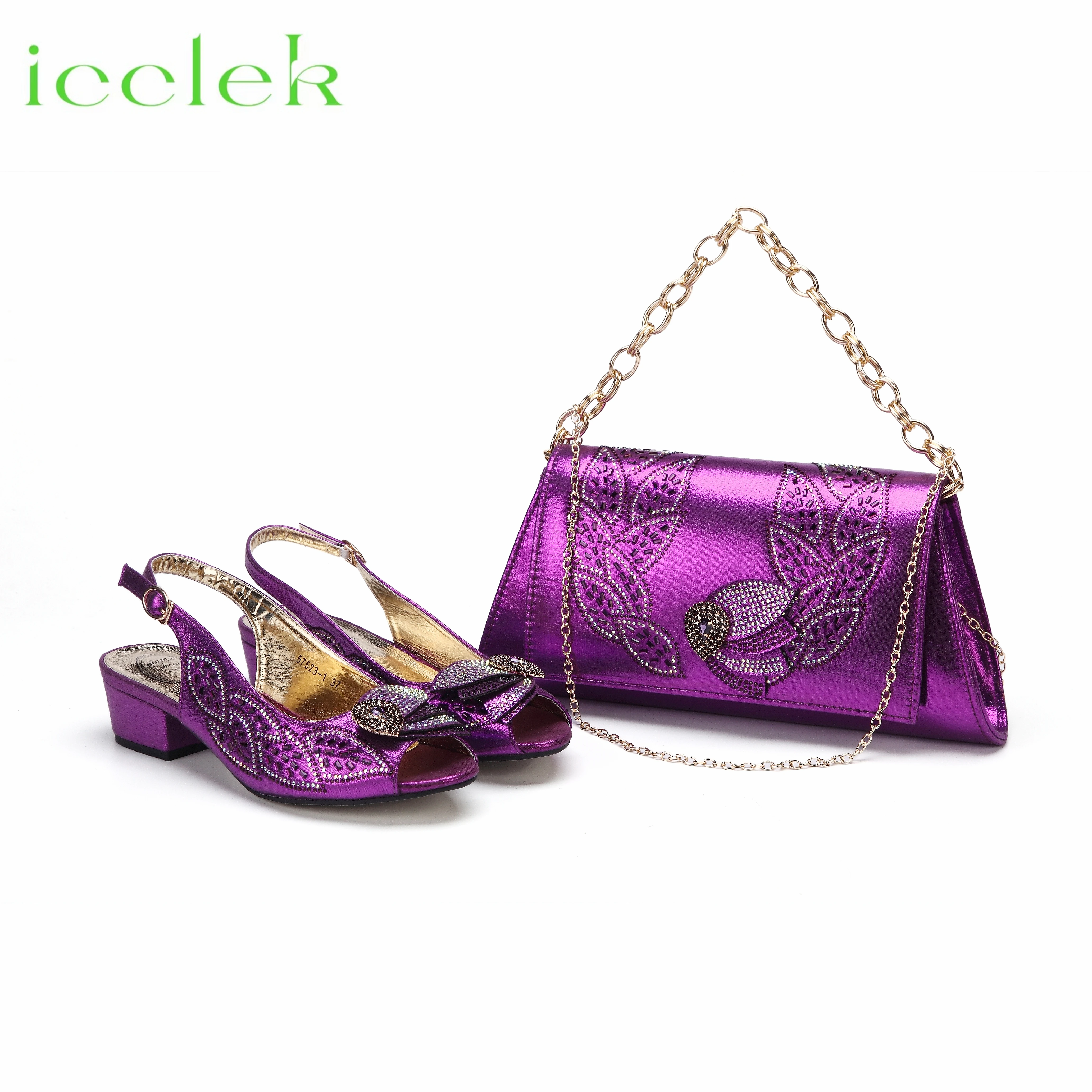 

New Arrival Italian Fashion Design Low Heels Sandals Beautiful PU With Rhinestone Purple Shoes And Bag Set For Wedding Party