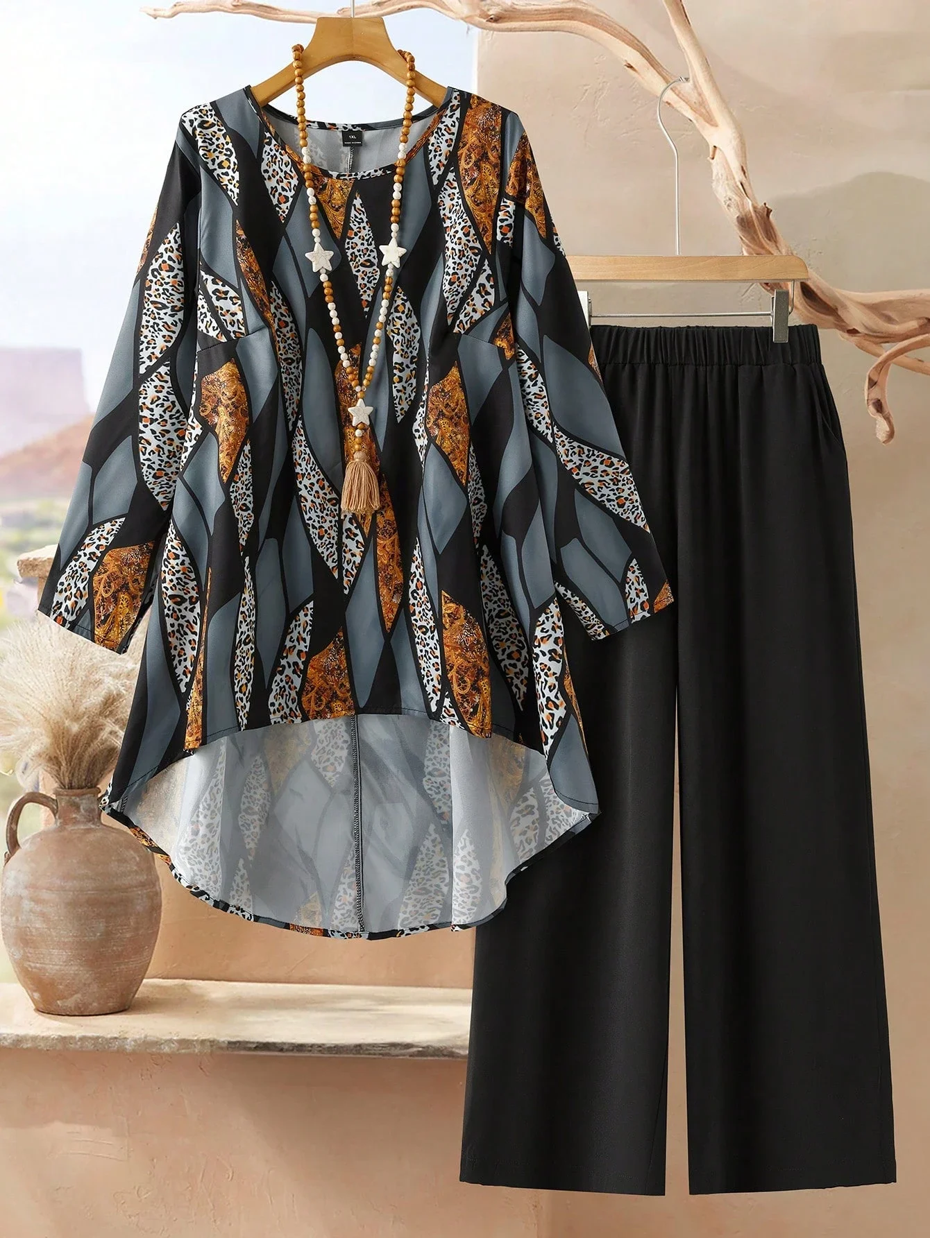 

Plus Size Women 2 Piece Set: Animal Print Long Sleeve Top And Wide Leg Pants Casual Boho Outfit