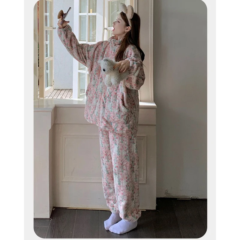 

Cute Homewear Pajama Girl's Thickened Flannel Coral Fleece Women's Long Sleeve Pants Outerwear Sleepcoat Nightgown Autumn Winter