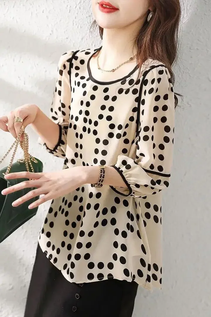 Spot French Gentle Bubble Sleeves Shirt 2024 Summer New Wave Dot Flesh Covering Versatile Women\'s Shirt