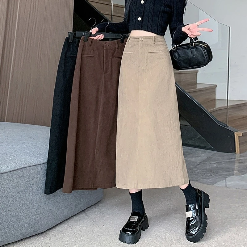 

Новинка осени и зимы 2022, женские вельветовые юбки-миди трапециевидной формы с высокой талией, корейские прямые юбки с запахом на одной пуговице, женские