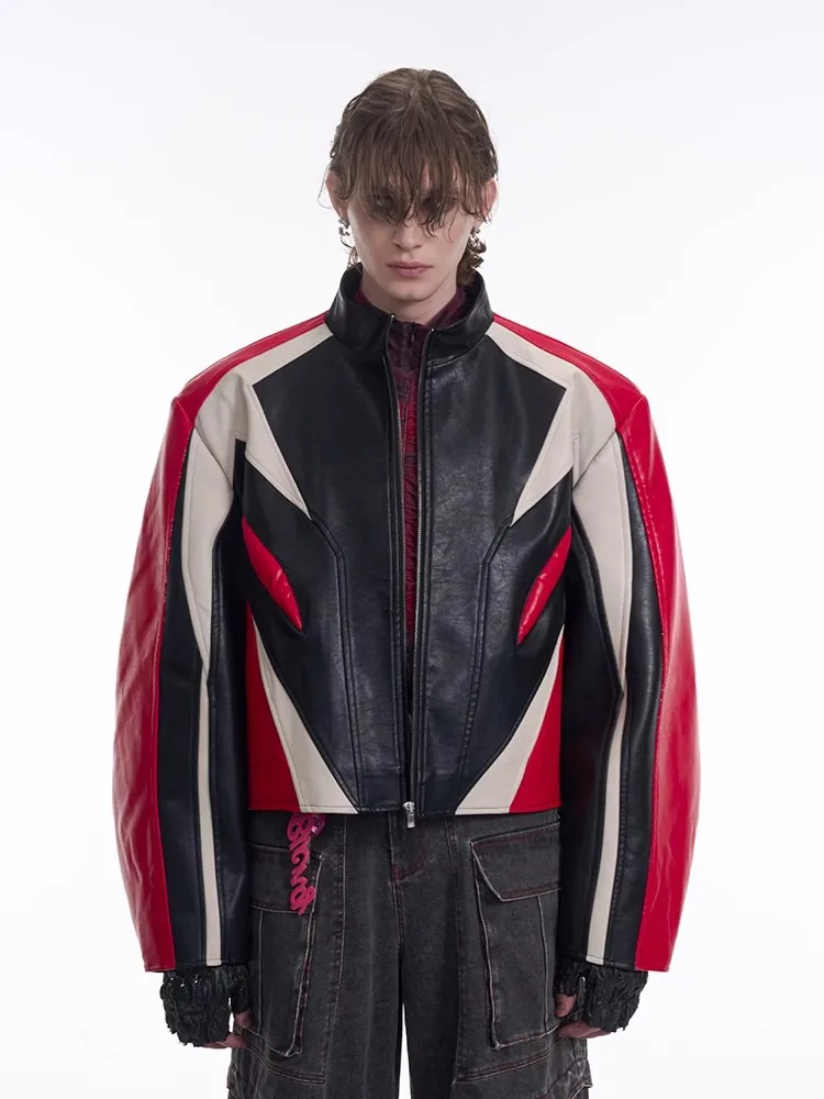 Mauroicardi Spring Autumn Cool Short Color Block Pu Leather Racer Jacket Men Shoulder Pads Zip Up Luxury Designer Clothes 2025