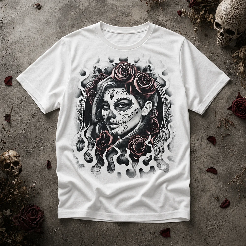 Unisex Chicano Sugar Skull Short Sleeve O-Neck Tee Breathable Parent-Child Mexican Day of the Dead Gothic Summer Casual Clothing