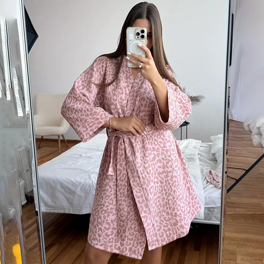 Women Pink Leopard Print Robe Cotton Comfy Soft Homewear Bathrobe Casual Loose Kimono Gown Sexy Loungewear Dressing Gown