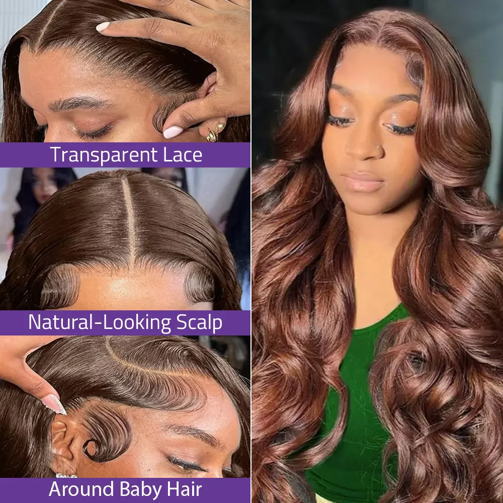 チョコレートブラウン 13x6 HDレースフロントボディウェーブウィッグ 36インチ ダークブラウン 13x4 レースフロント人毛ウィッグ ブラジル産 女性用