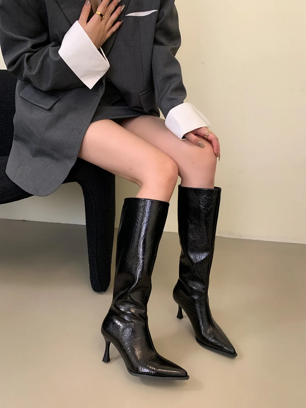 Fashion Women Knee High Boots Chelsea Boots Woman Thin High Heels Black Silver Gold Party Pumps Side Zipper Stiletto Party Bota