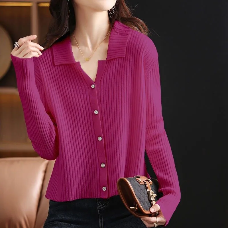 Women Clothing Fashion Polo-Neck Knitted Pullovers Spring Autumn Exquisite Solid Knitwear Office Lady Casual Loose Chic Top