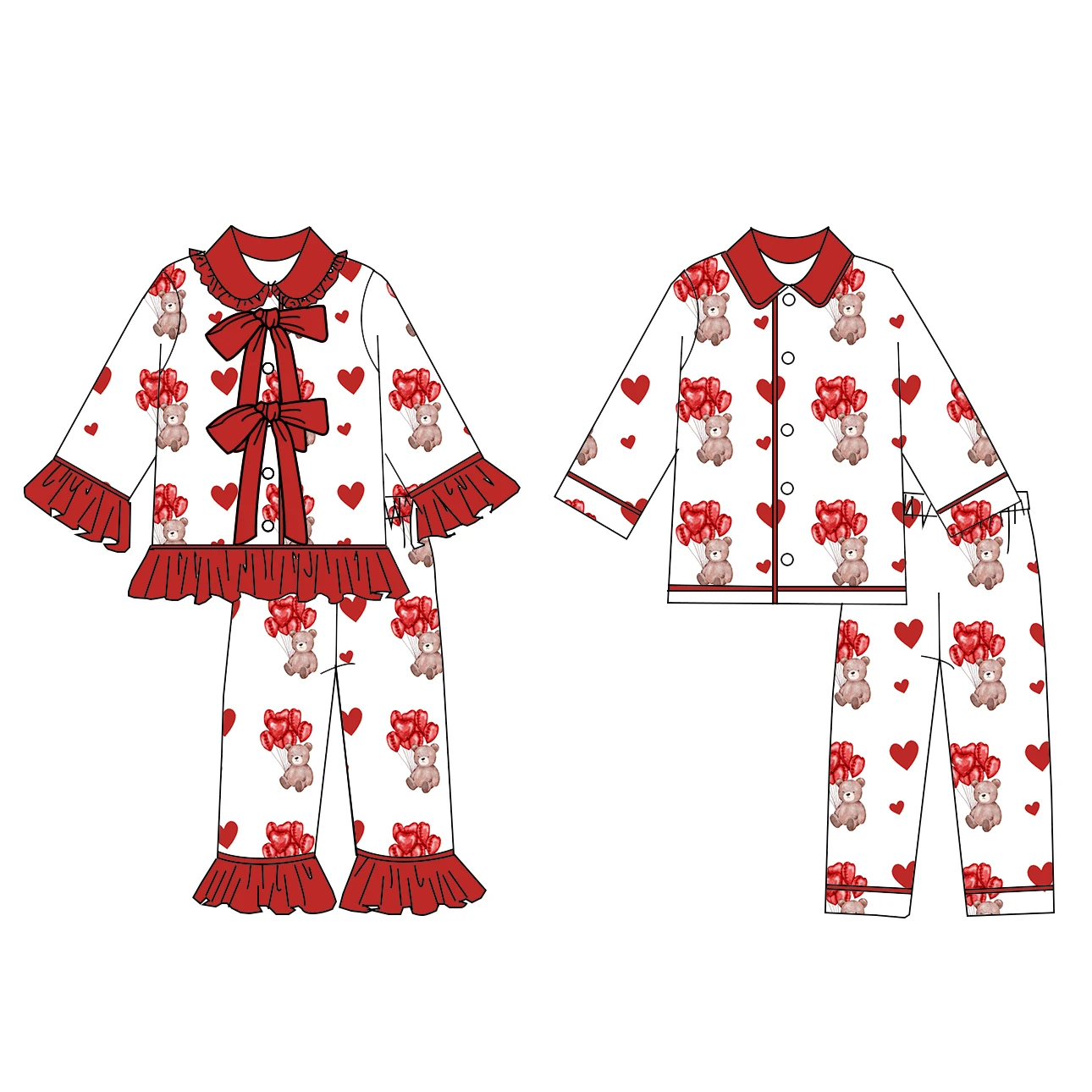 Boutique Kids Valentine's Day Cothing Red Heart-Shaped Balloons Cartoon Boys pajamas Set Girls Sleepwear Outfits