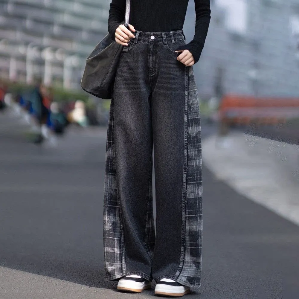 

Vintage Black Patchwork Jeans for Women Spring New Fashion Wide Leg Straight Trousers Casual High Waist Denim Pants