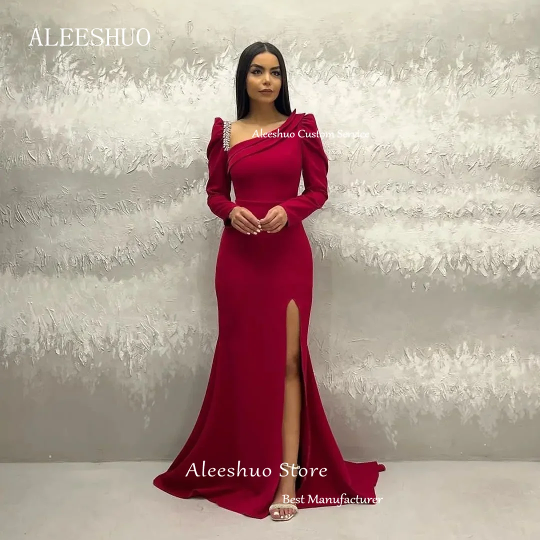 Aleeshuo Elegant Sky Blue Boat Neckline Prom Dress Long Sleeves Side Split Mermaid Evening Party Dress For Women 2024