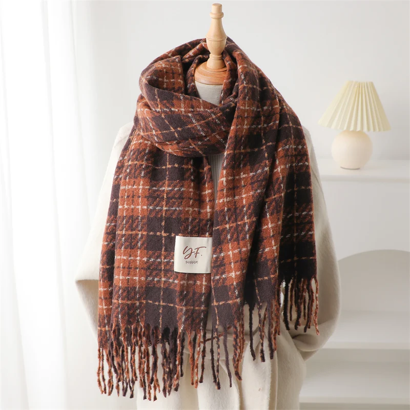 Winter Korean Style Scarf Women Plaid Cashmere Warm Pashmina Blanket Wraps Men Thick Soft Bufanda Tassel Shawl Poncho Echarpe