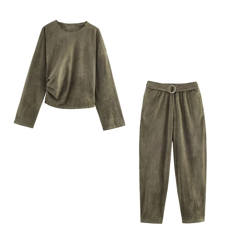Women's Tracksuit New In Matching Sets 2025 Autumn Suede Leather Balloon Pants Cover Ensemble Femmes Women's Clothing Trend Sets