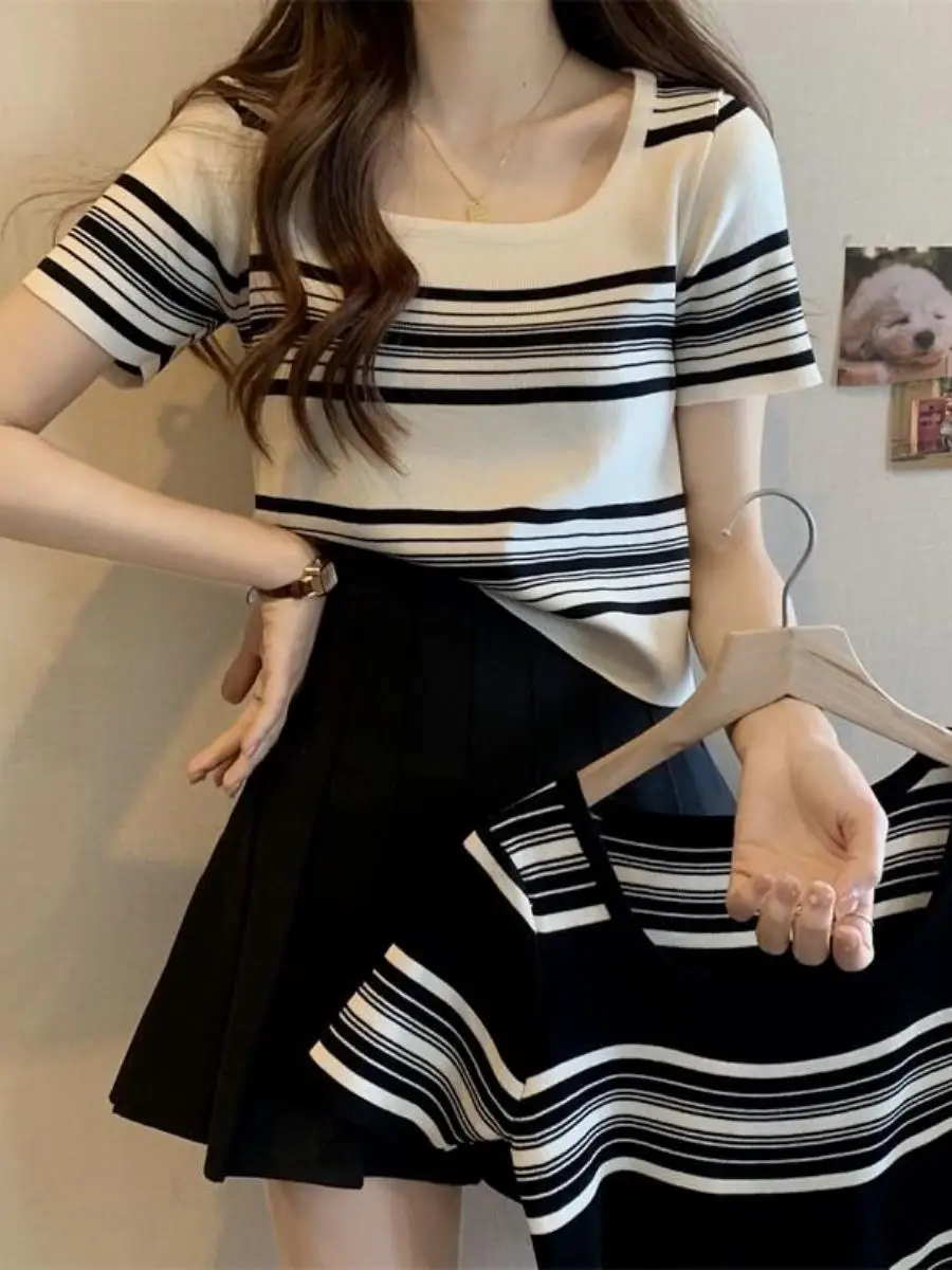 夏の新作デザイン-レディース-アイスシルクニットtシャツ-ショルダー-スクエアカラー-3点セット-韓国風-体型カバー-ラウンドネック