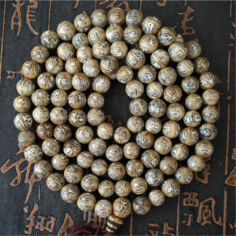 BRO830 Tibetan 108 Mantra Malas Nepal Old Naga Conch Shell Prayer Beads OM MANI PAD ME HUM 9mm