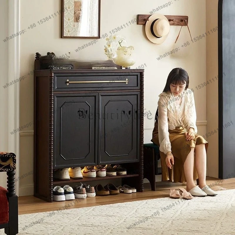 Retro Solid Wood Shoe Cabinet Storage  Entryway Living Room Household Doorway Large Capacity Storage Cabinet Entrance