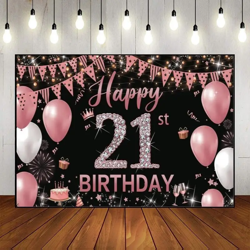 Party Wall Balloon Golden Backdrop Banner Happy 21th Birthday Prince Princess Background 21year Man Woman Photography Custom