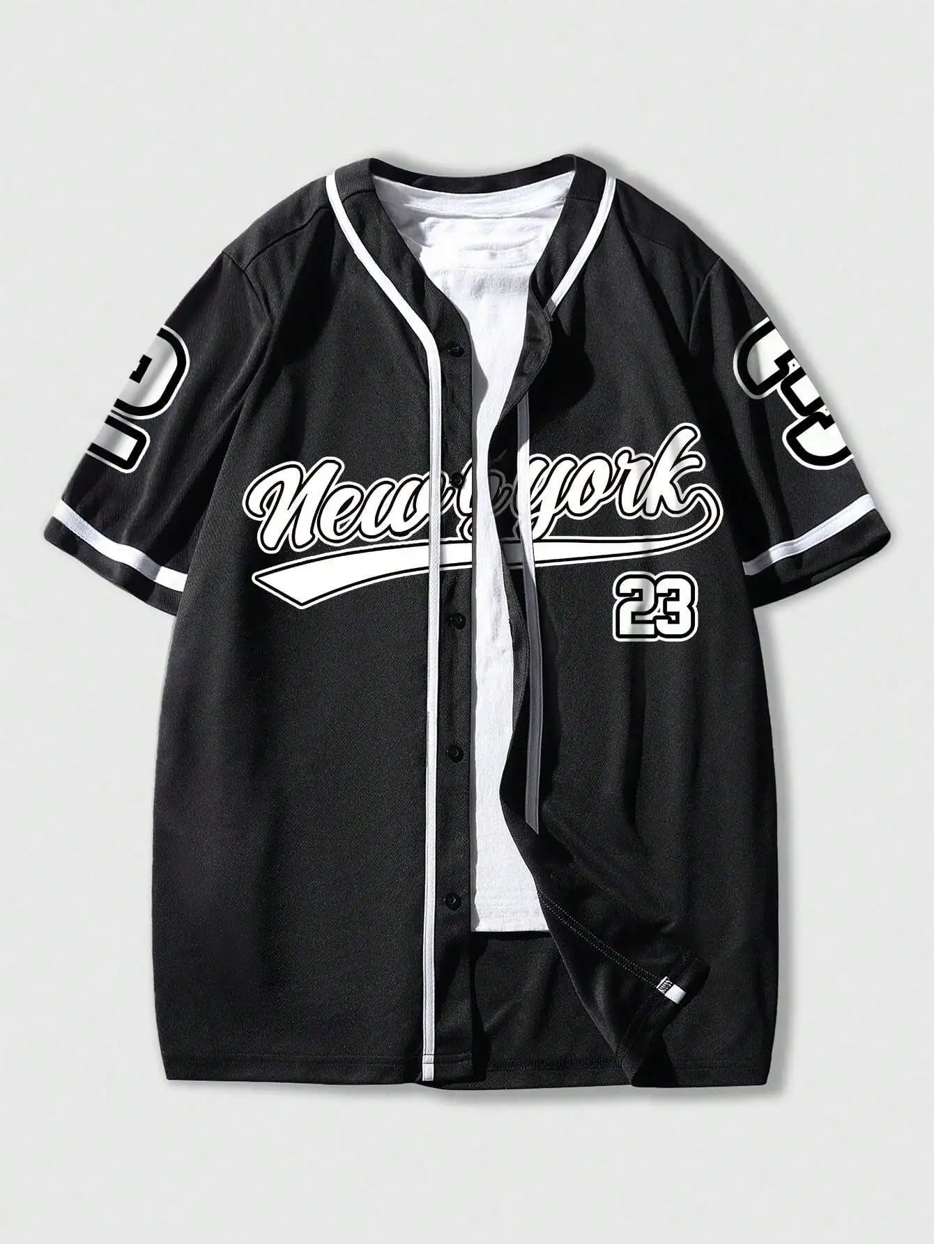 

Men's Black Baseball-Style Short Sleeve Shirt with Script Graphic and Number Print