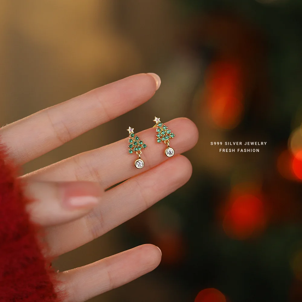 999 Sterling Silver Fashion Green Zircon Christmas Tree Stud Earrings for Women  Exquisite Christmas Jewelry Accessories