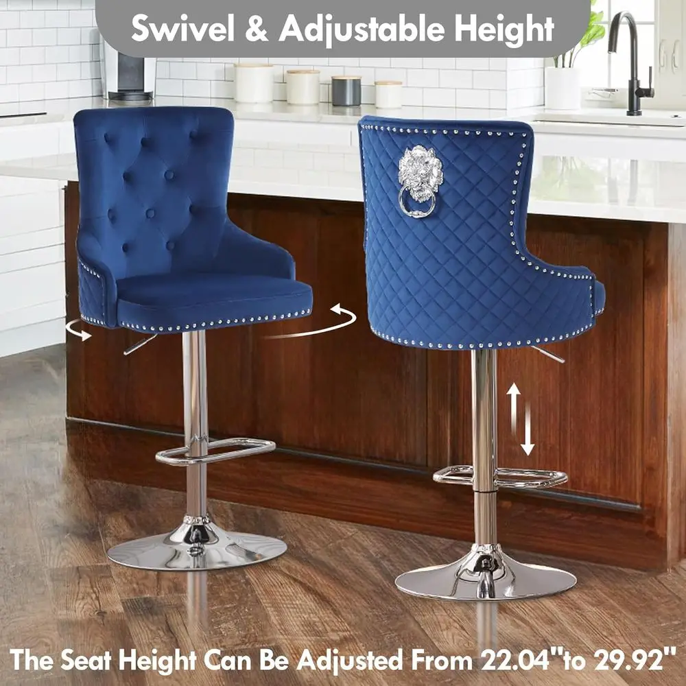 Set of 4 Velvet Swivel Bar Stools with Lion Pull Ring, Upholstered High Back Counter Height Chairs, Modern Adjustable Kitchen Is
