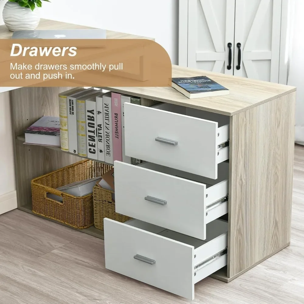 55 Inch Reversible L Shaped Computer Desk with 3 Drawers, Corner Desk with Storage Shelves and Removable Monitor Stand