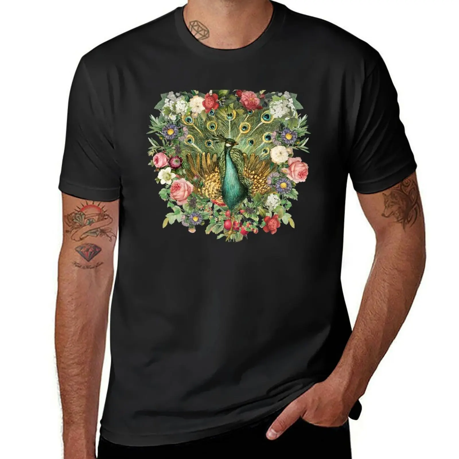 Ornate Indian Peacock And Beautiful Decorative Cascading Flowers T-Shirt blanks anime funny t shirts for men