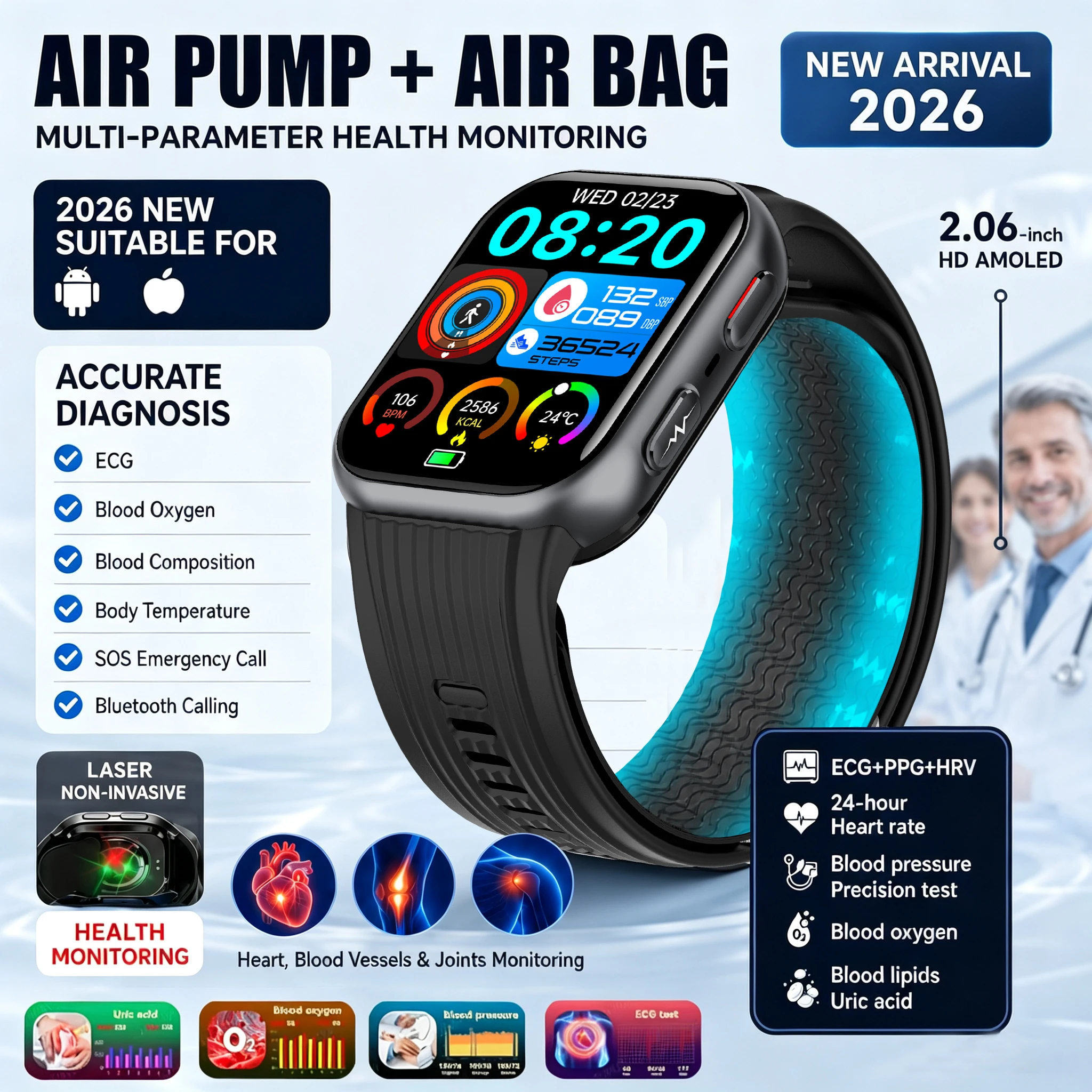 2026 New Air Pump Air Bag Smart Watch 2.06