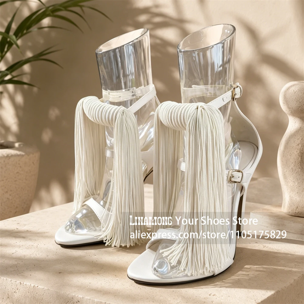 Satin Fringe Ankle Strap Stiletto Sandals Tassel Open Toe High Heeled Summer Shoes Designer Style Women Buckle Shoes Customized