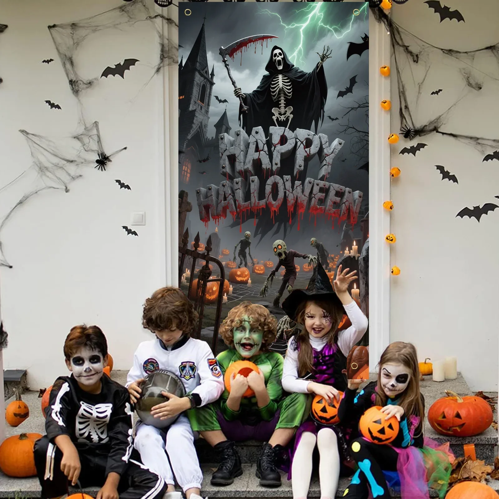 1pc Halloween Tür Banner Gott des Todes Kürbis Laterne Thema Familie Party Horror Dekorative Matte Polyester Hintergrund Bord