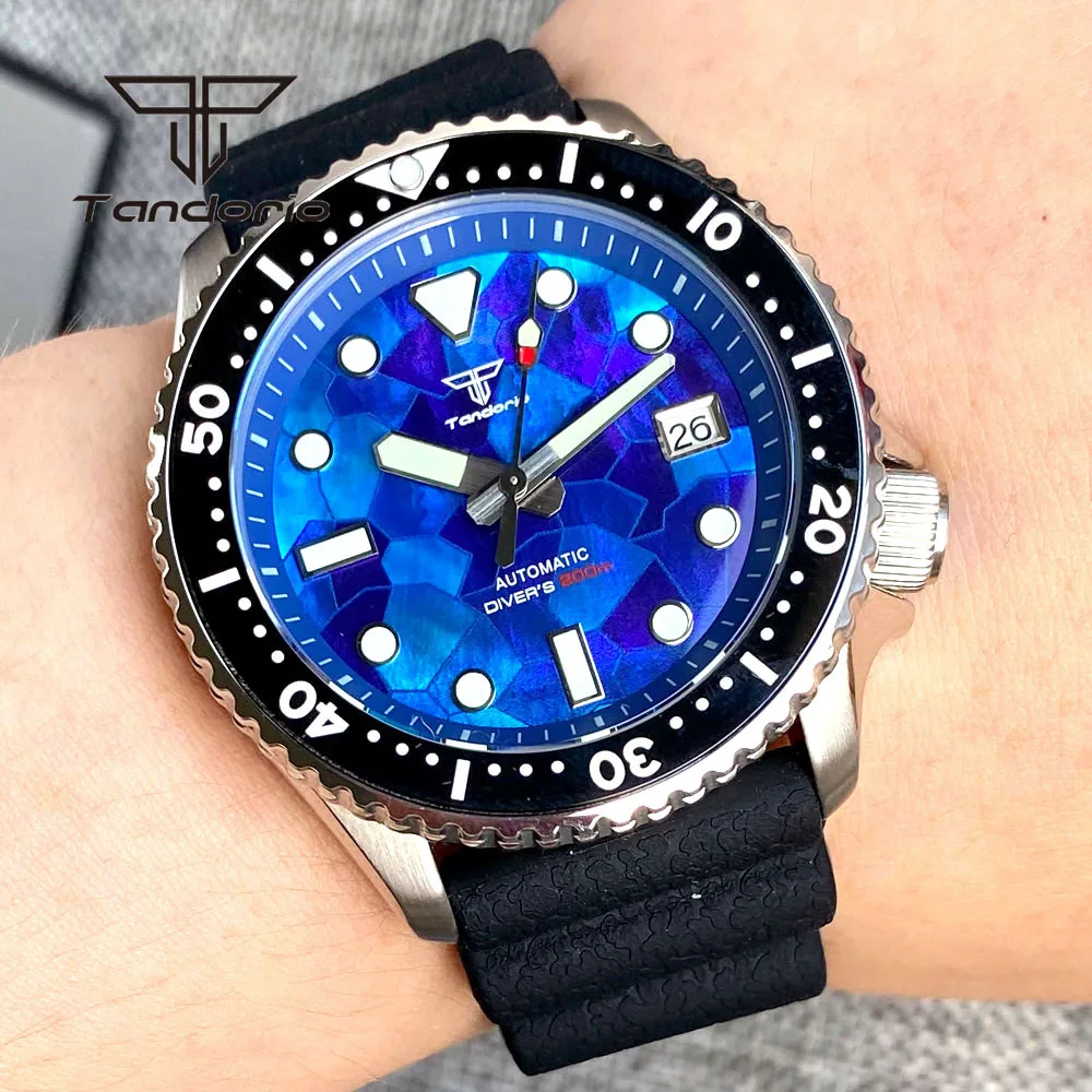 Tandorio nh35a 41mm 200m tauchen männer automatische uhr blau perlmutt zifferblatt datum saphir rotierende lünette leuchtende schrauben krone