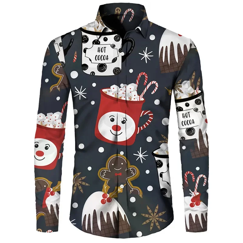 New Year Party Shirt Christmas Snowman Men\'s Long Sleeves Shirt 2024  3D Printed Long Sleeve Tops Casual Christmas Men\'s Shirt